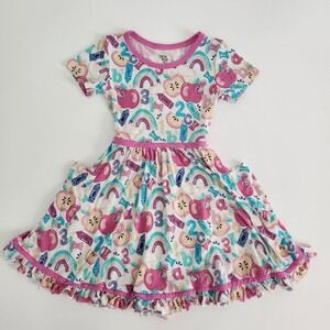 Birdie Bean Girls 5T Bamboo Viscose School Print Ruffle Pocket Dress Pink ABC